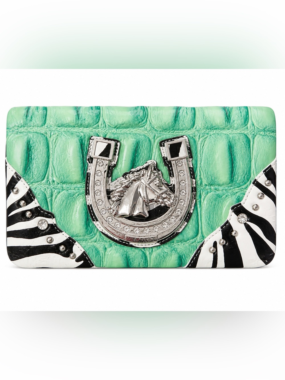 Mint Green Croc-Embossed Wallet with Silver Horse & Horseshoe Accent